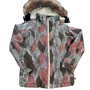 Roxy Girl Ski Snowboard Jacket Kids Large Feather Print Hooded Winter‎ Coat